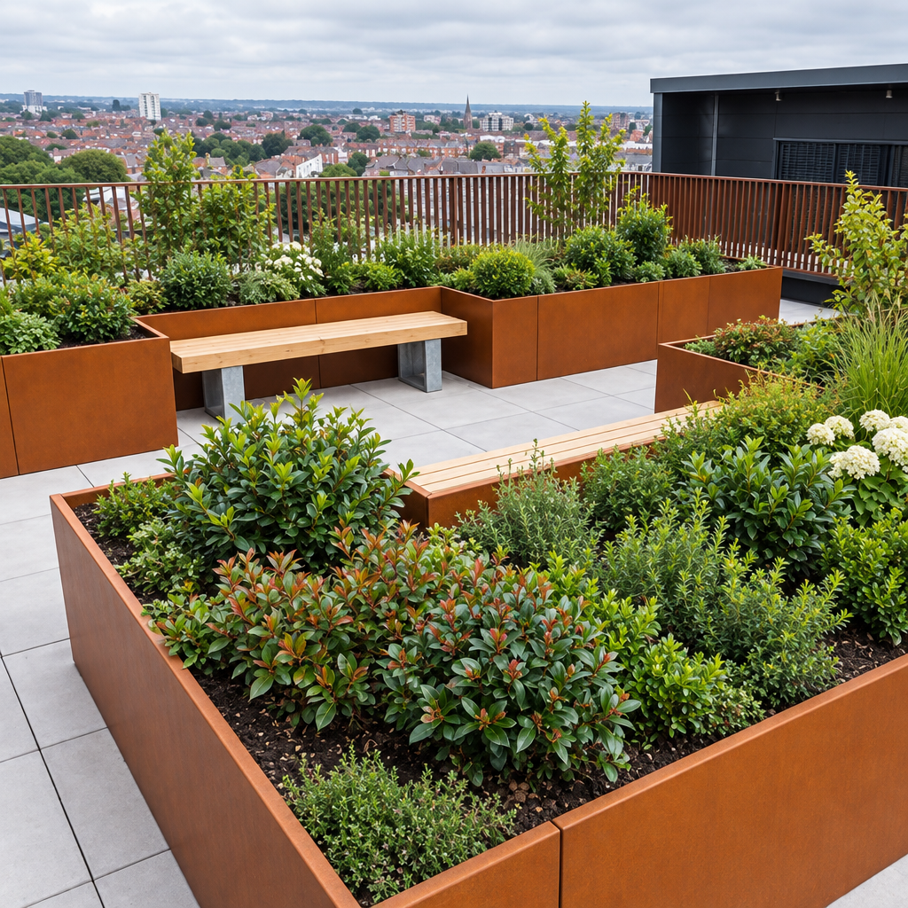Modern rooftop garden with large rust-colored metal planter boxes, built-in wooden benches, and dense green and white flowering shrubs, with a city skyline visible in the background under an overcast sky.