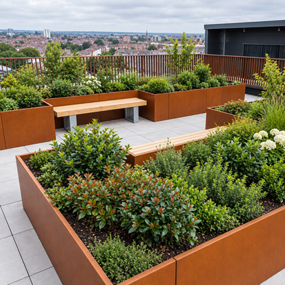 Modern rooftop garden with large rust-colored metal planter boxes, built-in wooden benches, and dense green and white flowering shrubs, with a city skyline visible in the background under an overcast sky.